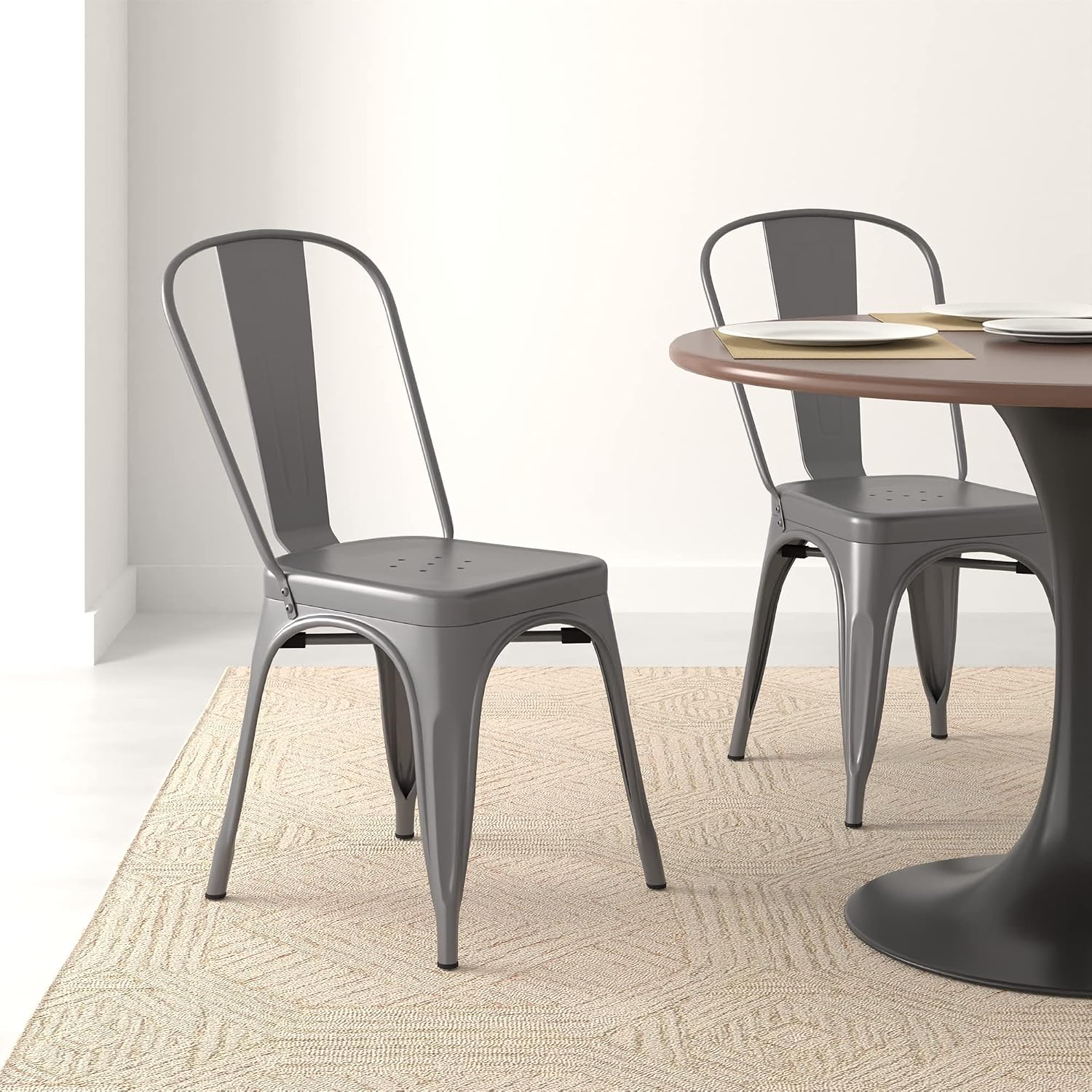 Amazon Basics Metal Dining Chairs, Easy to Assemble, Indoor/Outdoor, Stackable, 330-Pound Capacity, Dark Gray, 4-Pack, 20.1 x 17.1 x 33.5 inches
