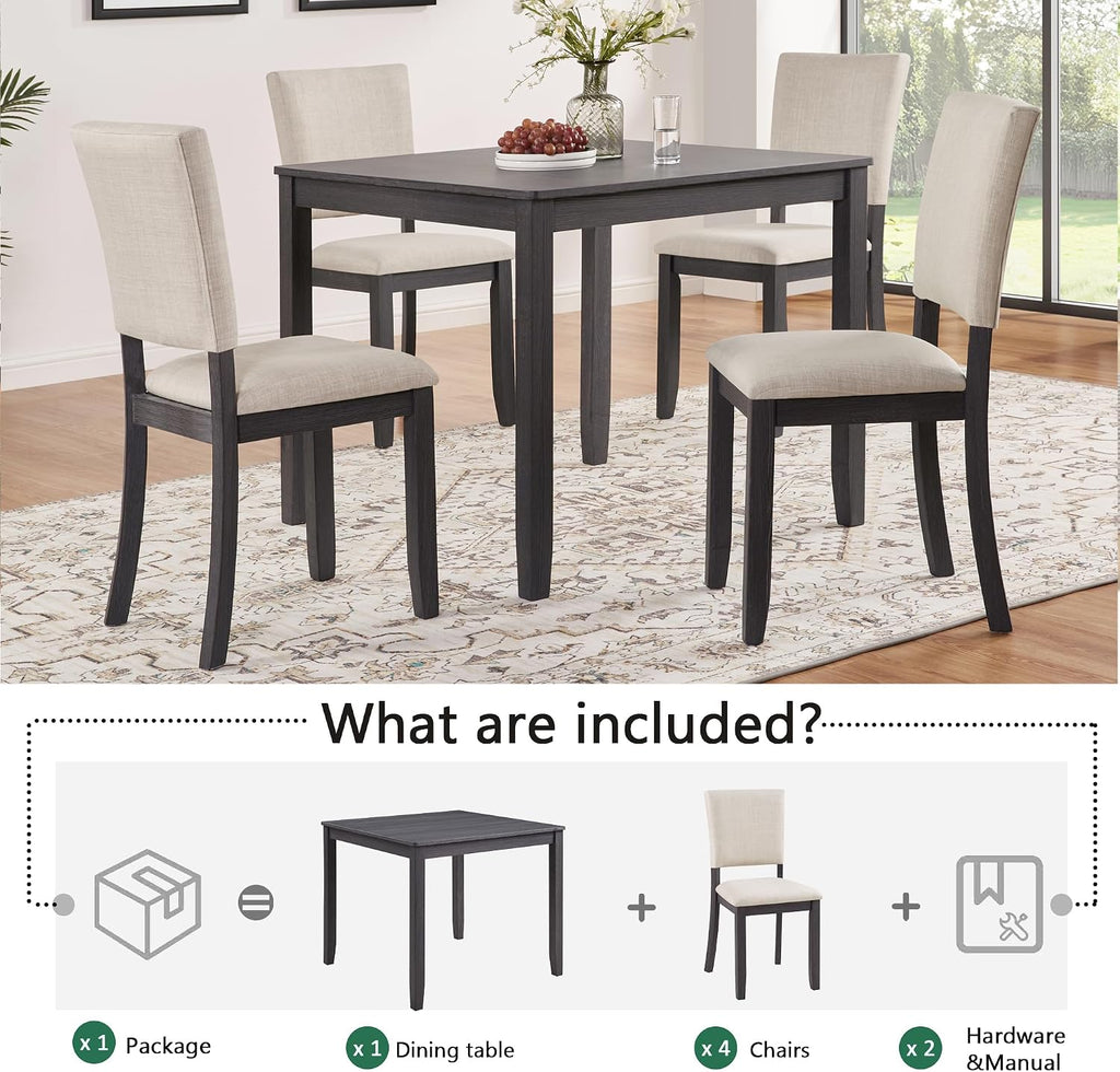 KEIKI 5-Piece Standard Height Dining Table Set with Square Table, 4 Upholstered Curved Backrest Chair, for 4 Person, Modern Style Table Set, Easy Assembly, for Kitchen, Dining Room, Black+Beige