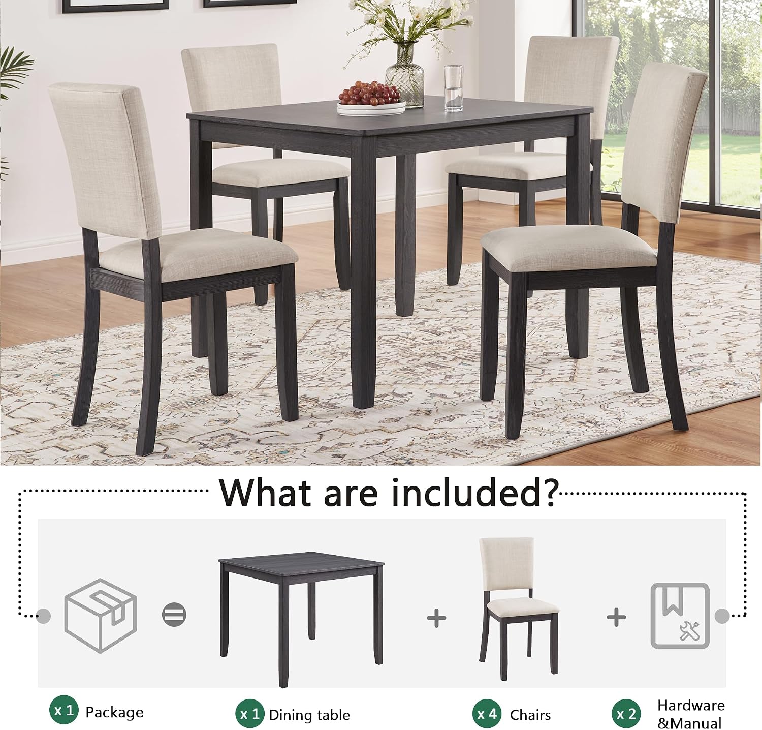 KEIKI 5-Piece Standard Height Dining Table Set with Square Table, 4 Upholstered Curved Backrest Chair, for 4 Person, Modern Style Table Set, Easy Assembly, for Kitchen, Dining Room, Black+Beige