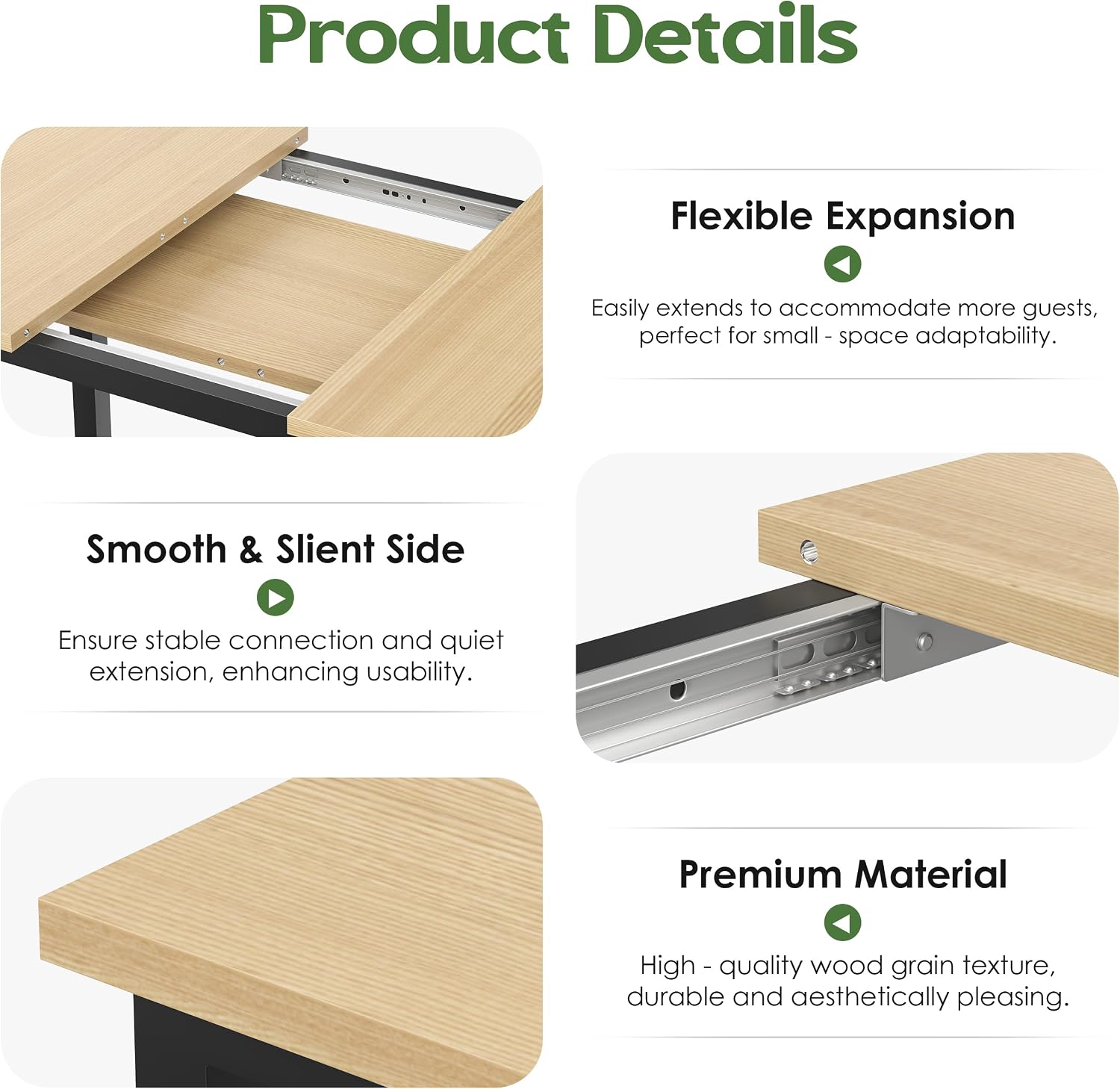 Extendable Dining Table, Rectangle Kitchen Table for 4-8 People, Modern Wooden Dinner Table with Strong Metal Legs, Space Saving Expandable Dining Room Table for Restaurant, Conference, Natural
