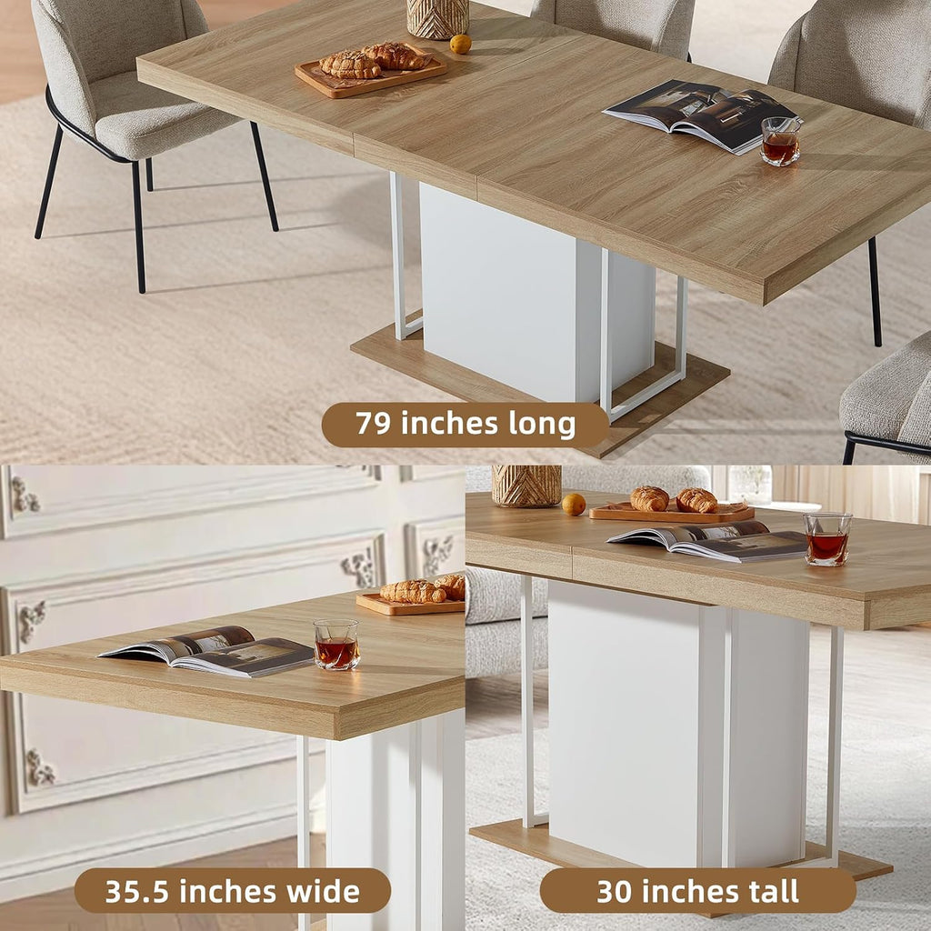 Dining Table Extendable 63 in-79 in for 4-8 Expandable Wood Rectangle with Fluted Base for Dining Room Kitchen Living Room Furniture Natural