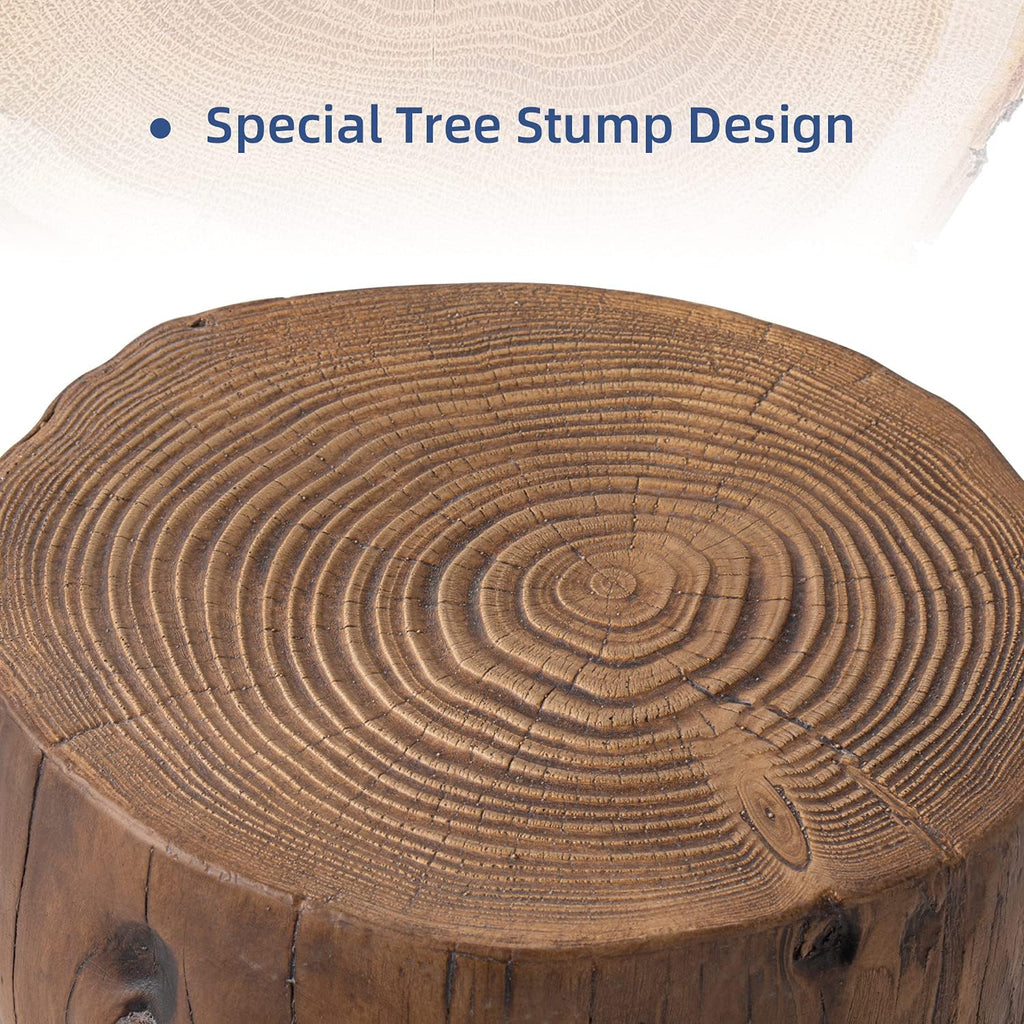 HOMPUS Concrete Outdoor Side Table Set of 2, 2 Piece Tree Stump Modern Round Coffee Table Accent Set Plant Stand Faux Wood End Table Garden Stool for Patio,Home Decor, Living Room, Dark Walnut