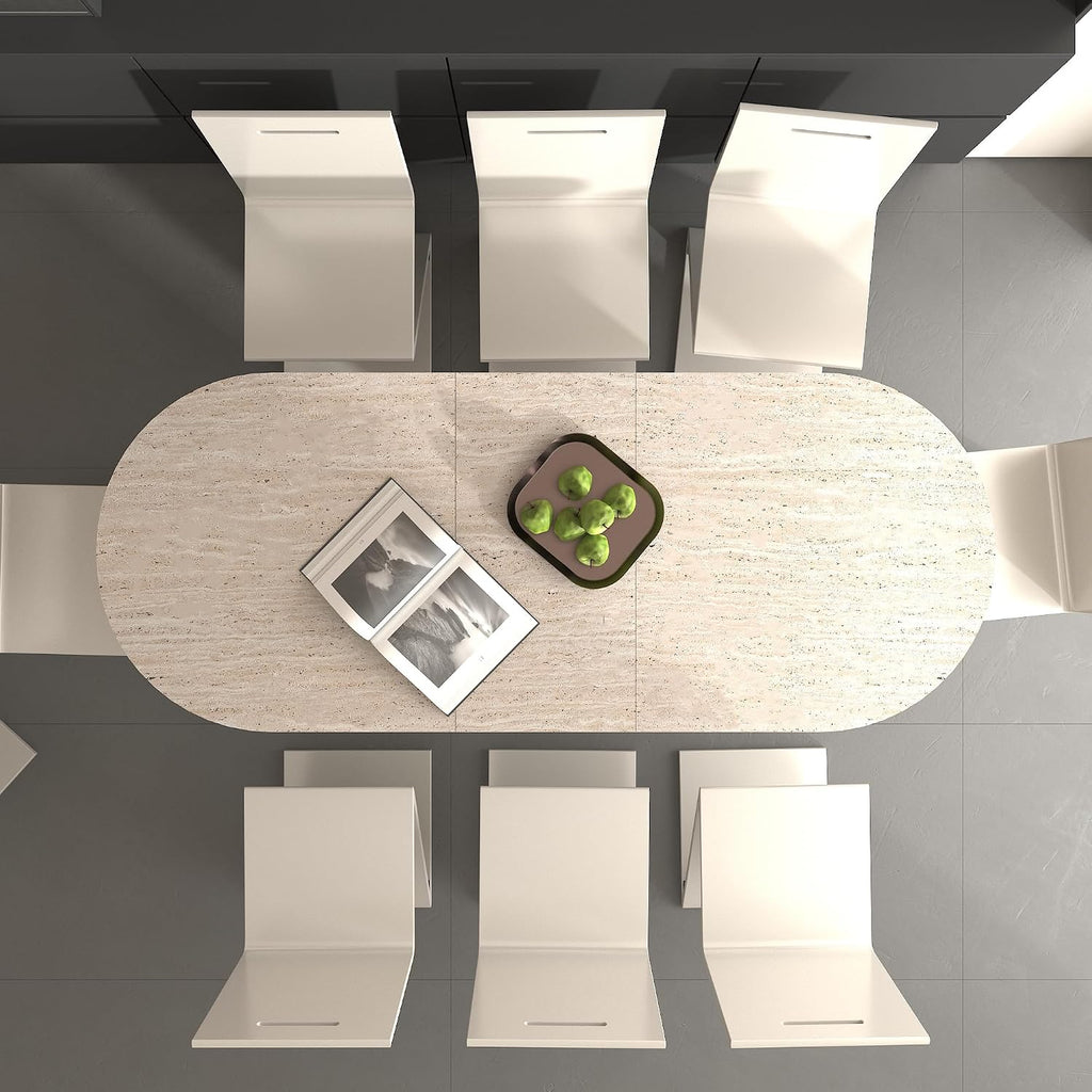 78.74' Extendable Dining Table for 4-8 People,Oval Travertine Inspired Kitchen Table with Wooden Strip Base for Family Living Room,Beige