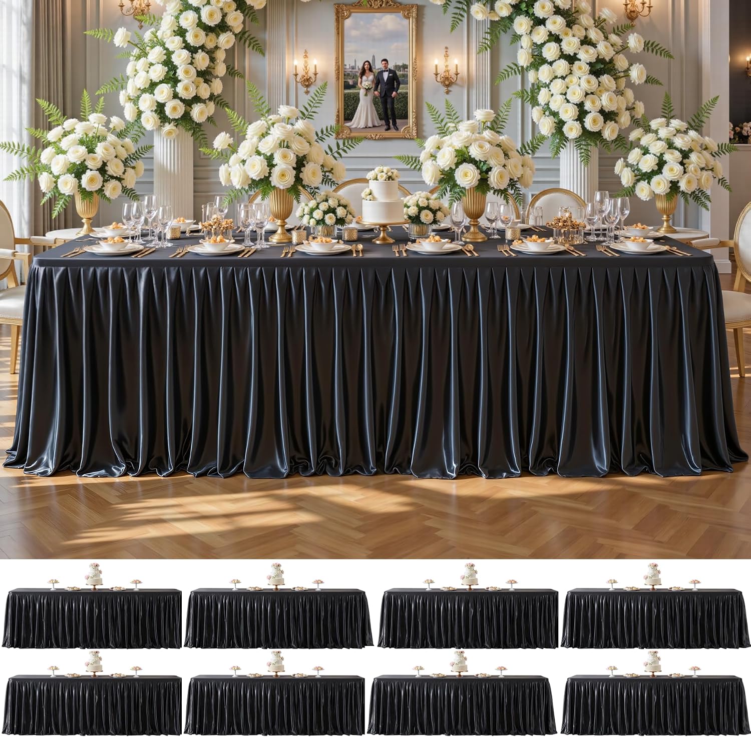 8 Pack 6ft Black Satin Tablecloths Rectangular - Shiny Spandex Party Table Cover with Pleated Table Skirt, No-Wrinkle & Glossy Wedding Tablecloth One-Piece for Birthday Baby Shower Banquet Ceremony