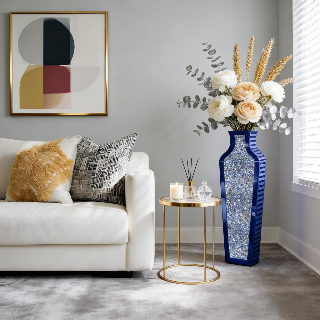 SHYFOY Blue Crushed Diamond Floor Vase, Large Mirrored Tall Vases for Floor, Modern Glass Decorative Vases for Living Room Bedroom Home Corner Indoor Office, 26.8' Tall