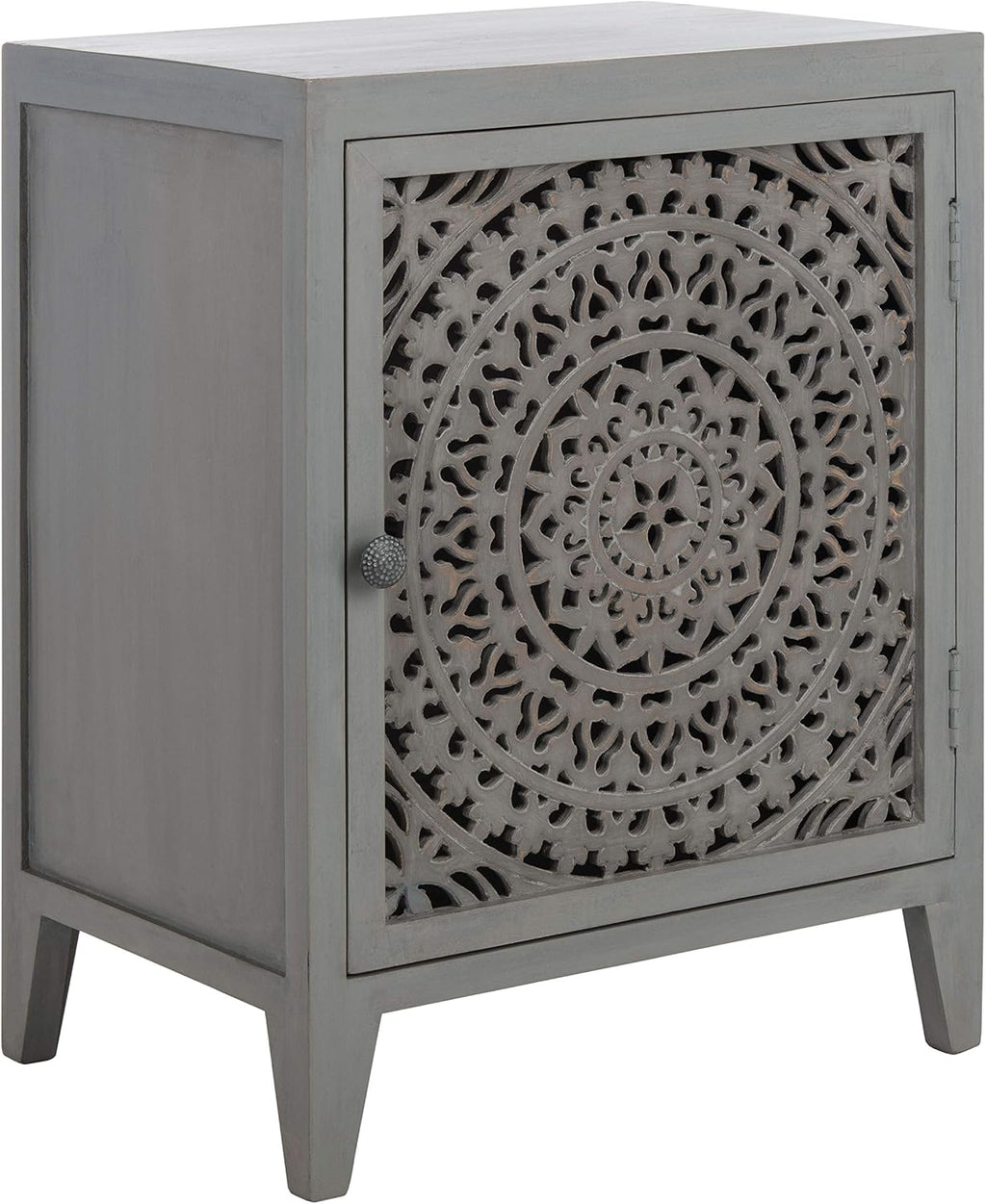 SAFAVIEH Furniture - Thea 1-Door Carved Nightstand - Grey Walnut - Mango Wood - Artisan Global Design - Ideal for Bedroom, 20'W x 14'D x 26'H - Fully Assembled (NST5300B)