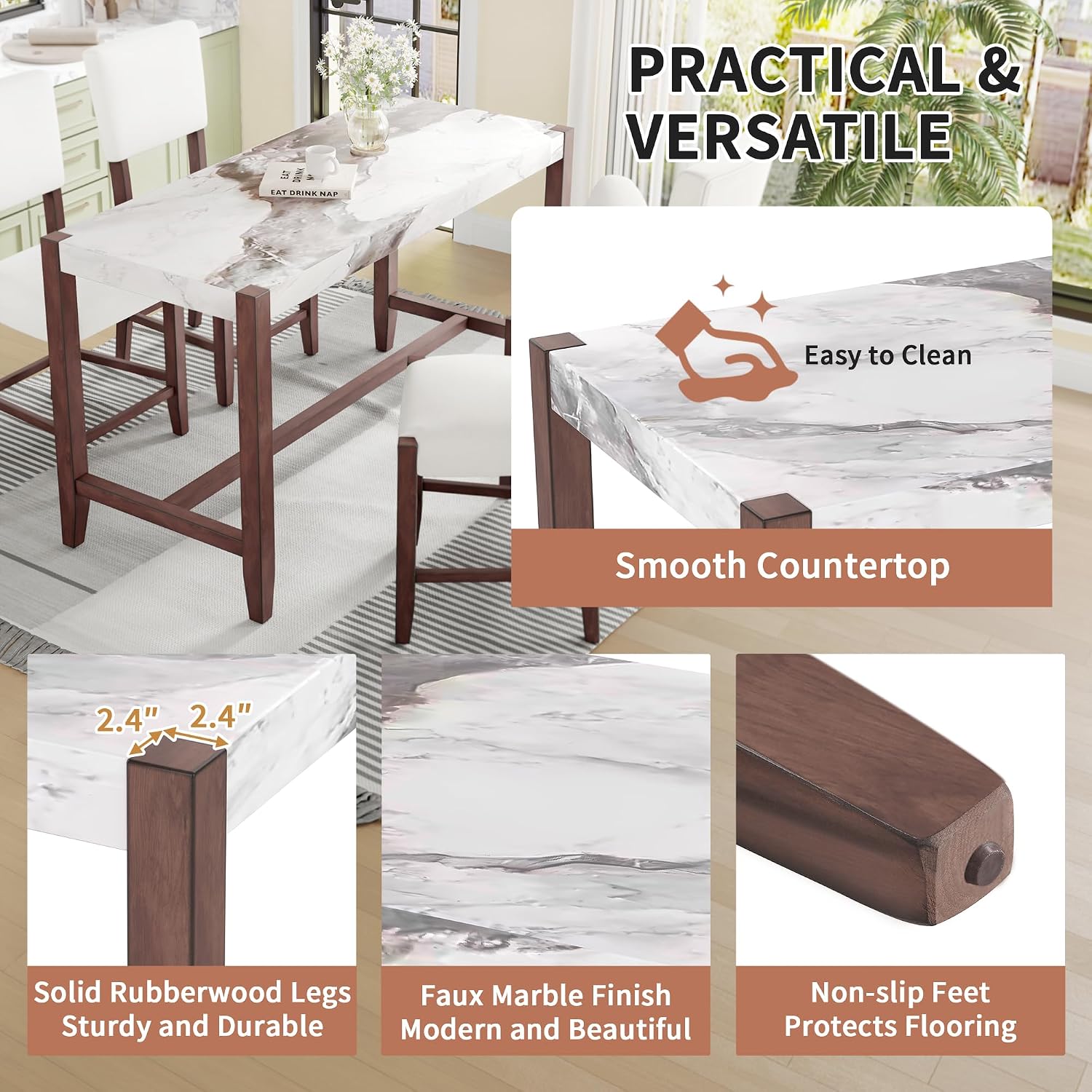 P PURLOVE 5 Piece Kitchen Table Set Counter Height Dining Table Set with Rectangle Table and 4 Cushioned Chairs for Small Place,Pub Kitchen