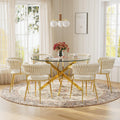47'' Round Glass Dining Table Set for 6, Modern Glass Kitchen Table Set with Gold Base & 6 Luxury Beige Gold Velvet Dining Chairs, 7-Piece Circle Dinner Table Set for Home Apartment