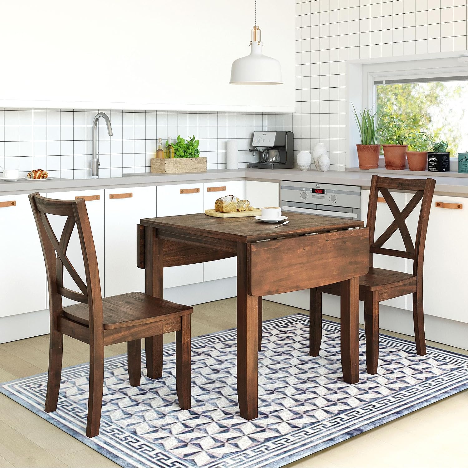 LUMISOL Farmhouse 3-Piece Drop Leaf Dining Table Set with 2 X-Back Chairs, Space-Saving Wood Table and 2 Chairs, Extendable Kitchen Table Set, Walnut