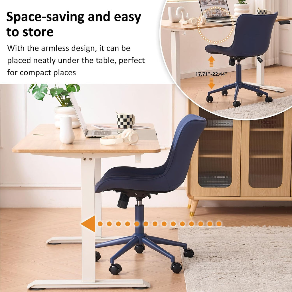 YOUNIKE Office Desk Chair with Wheels Armless Vanity Chair with Back Comfy Leather Upholstered Rolling Task Chair Swivel Small Cute Sewing Chair No Arms Wide Ergonomic Mid-Century Modern Navy Blue