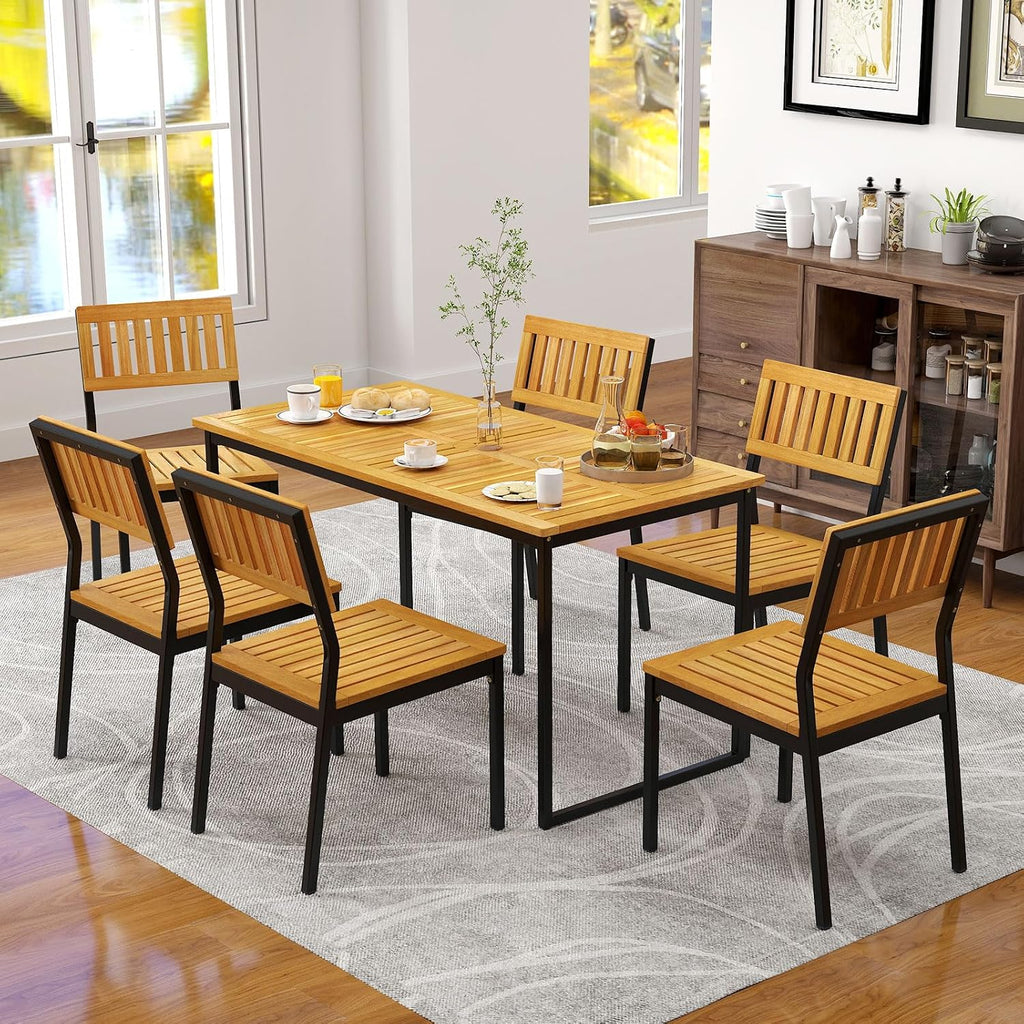 HAPPYGRILL Acacia Wood Patio Dining Table for 6 People, 55 inch Rectangle Patio Table with Slatted Tabletop, Metal Frame & Umbrella Hole, Outdoor Dining Furniture for Yard, Garden, Poolside