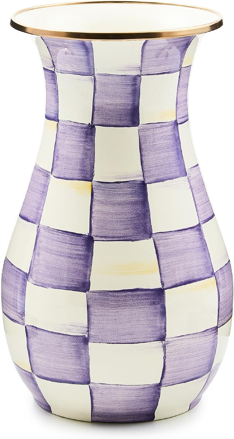 MACKENZIE-CHILDS Enamel Vase, Unique Flower-Vase Decor for Living Room, Tall, Purple-and-White Violet Check