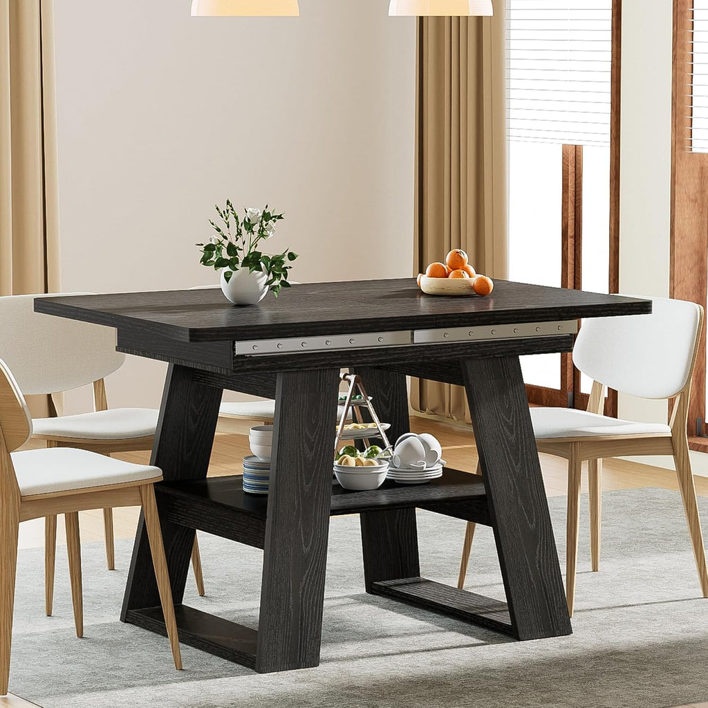 Lxsxlome 47.24''-66.92'' Extendable Dining Room Table for 4-6, Rectangle Extendable Kitchen Table with Removable Leaves, Space Saving, Wooden Dining Table with Storage Shelf (Style 2, Black)