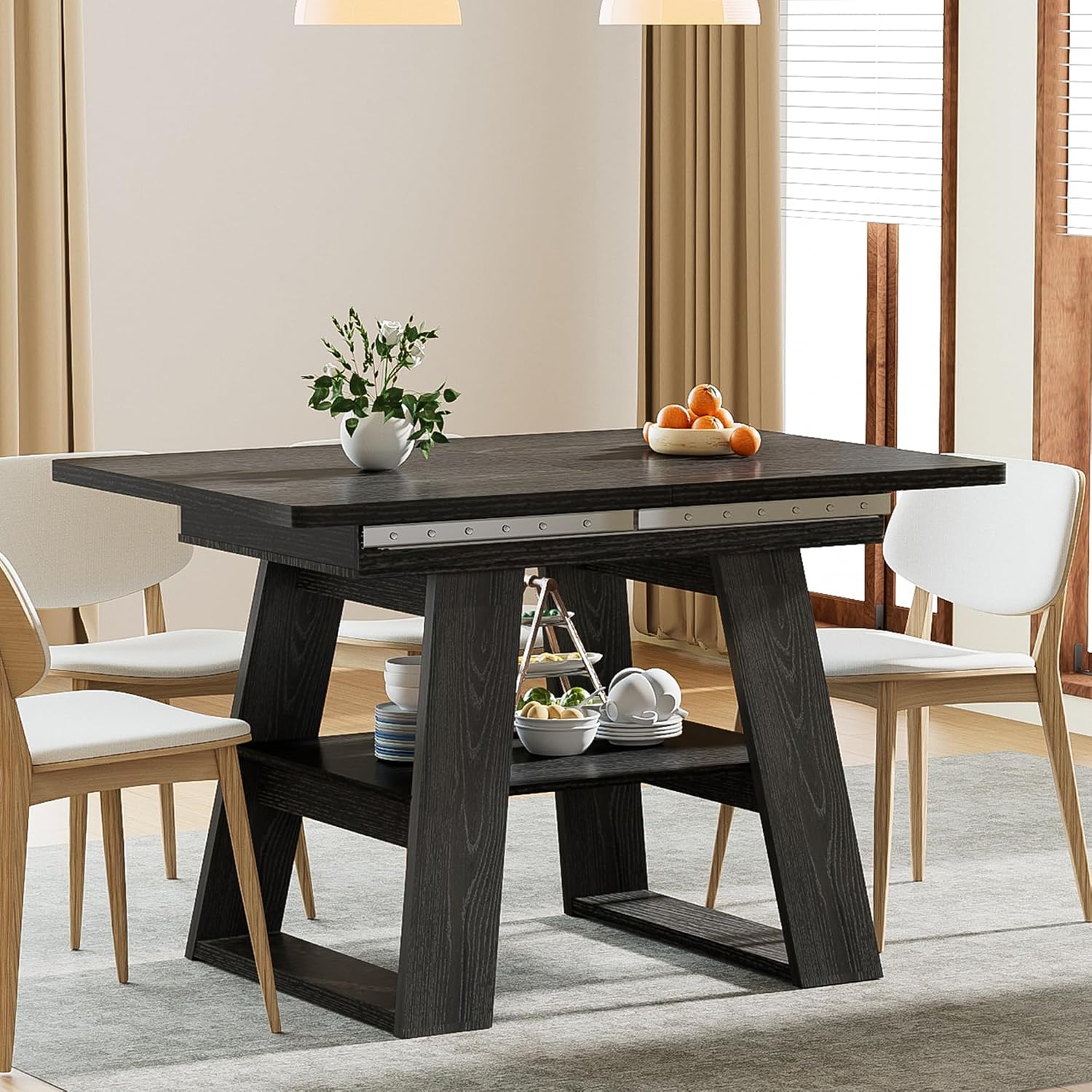 Lxsxlome 47.24''-66.92'' Extendable Dining Room Table for 4-6, Rectangle Extendable Kitchen Table with Removable Leaves, Space Saving, Wooden Dining Table with Storage Shelf (Style 2, Black)