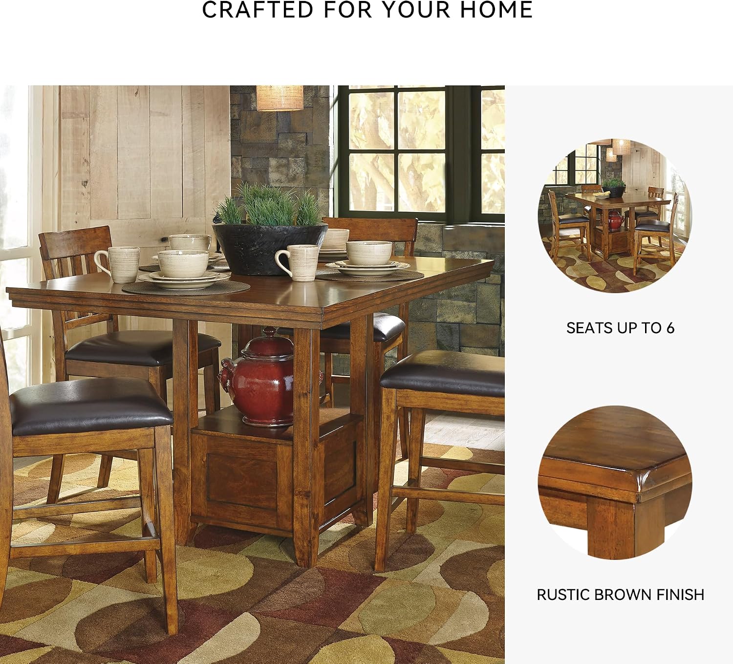 Signature Design by Ashley Ralene Rectangular Counter Height Dining Room Extension Table, Seats 6, Fixed Shelf, Wood, 42.25' W x 60.25' D x 36' H, Medium Brown