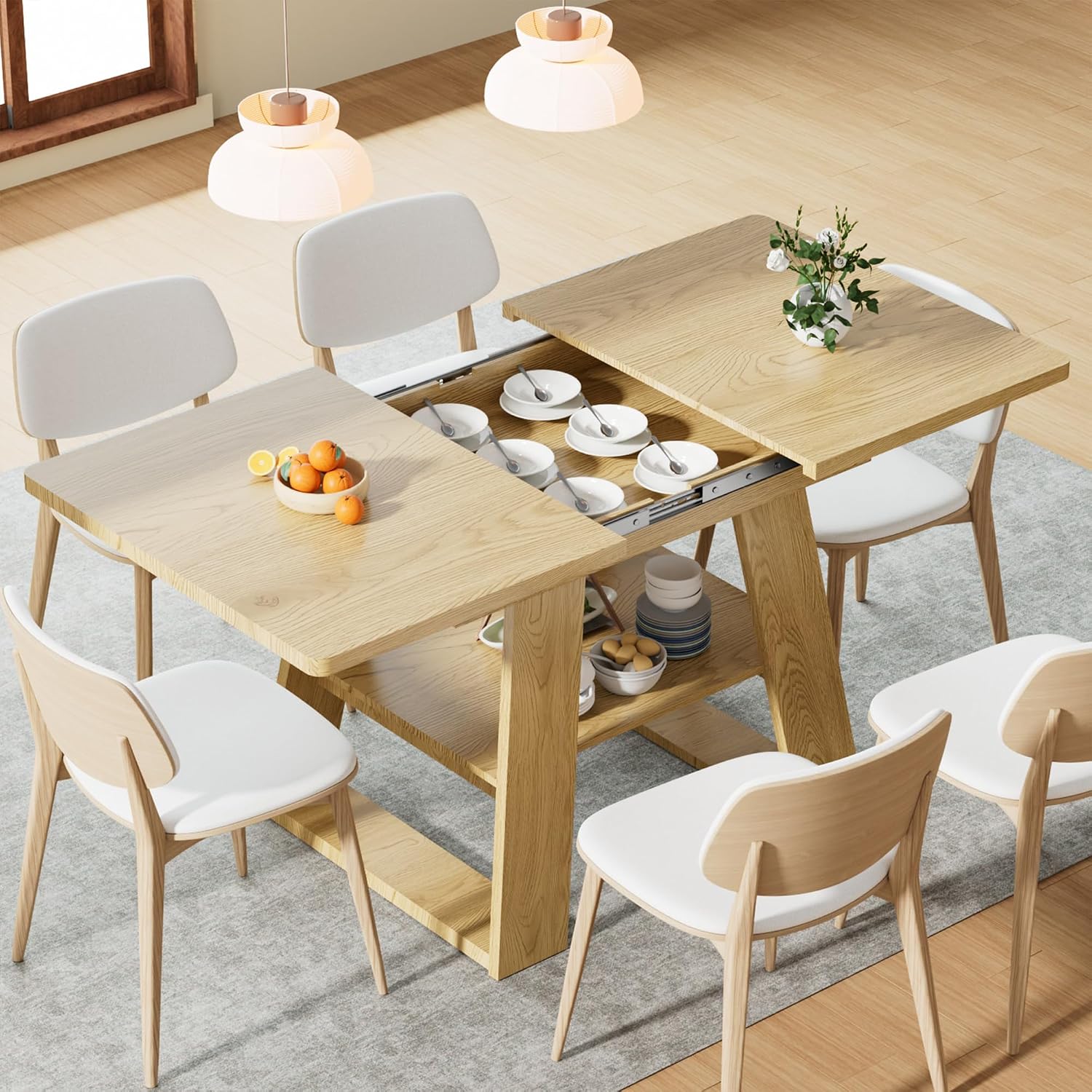 Lxsxlome 47.24''-66.92'' Extendable Dining Room Table for 4-6, Rectangle Extendable Kitchen Table with Removable Leaves, Space Saving, Wooden Dining Table with Storage Shelf (Style 2, Wood Color)