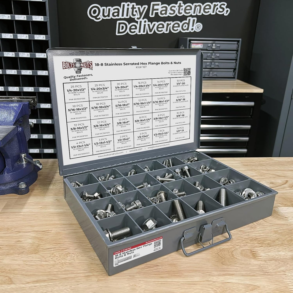 Stainless Steel Serrated Hex Flange Bolts Screws & Flange Nut Assortment Kit - 371 Pieces!