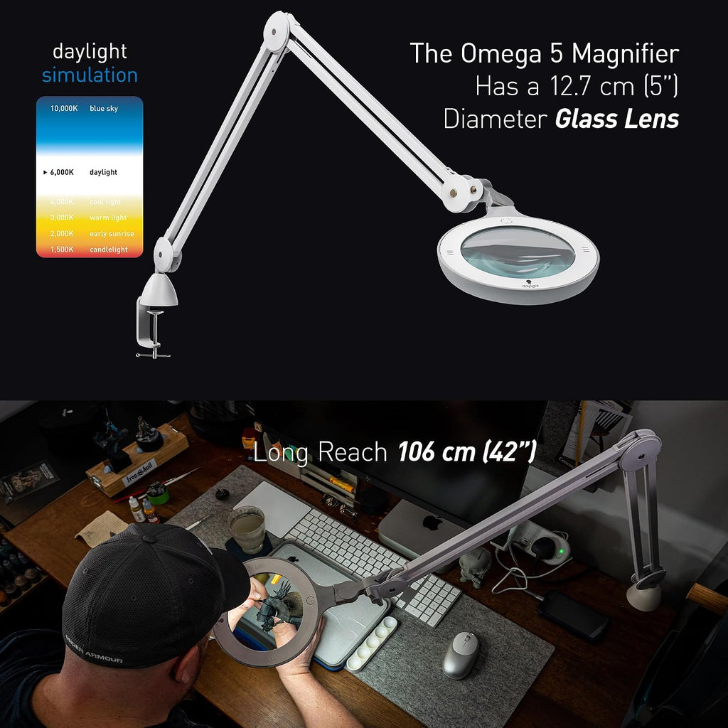Omega 5 - Premium LED Magnifying Lamp with Interchangeable Glass Lenses, Adjustable Arm, and Dimmer Switch for Professionals in Health & Beauty, Model Making, and Low Vision Applications