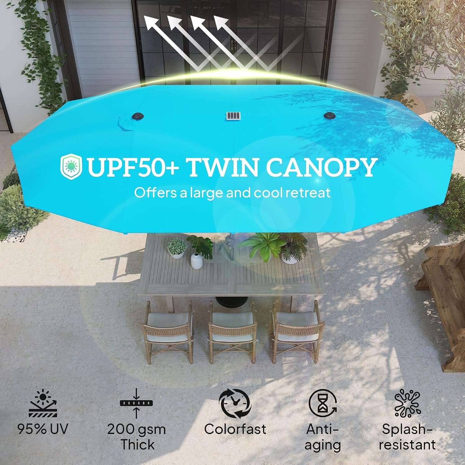 Outsunny 15ft Extra Large Patio Umbrella with Bright Solar Lights, Aluminum UPF50+ Double-Sided Outdoor Table Market Umbrella with Fiberglass Ribs Crank Air Vents for Backyard Deck Pool