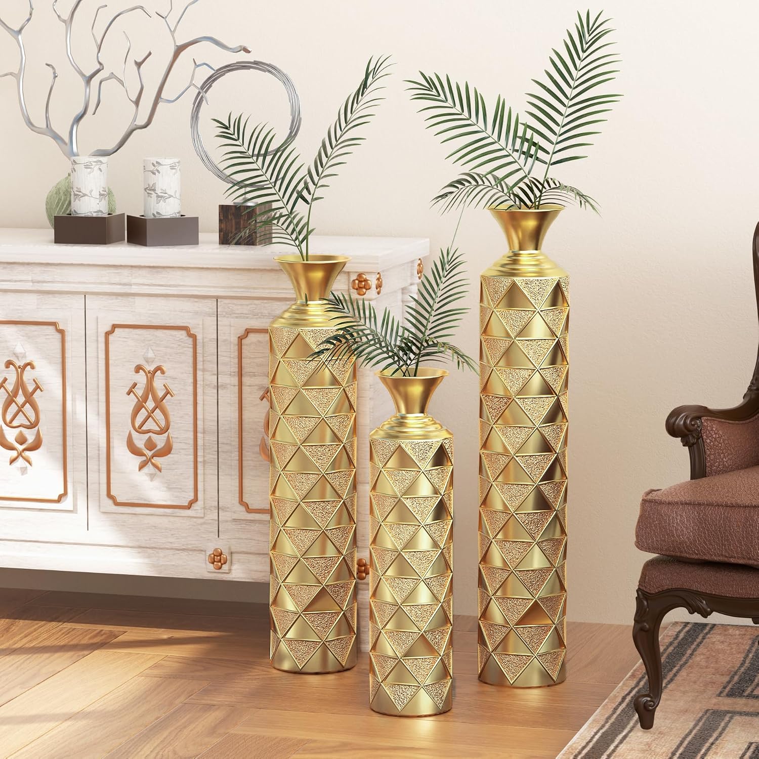 Floor Metal Decorated Vases Set of 3 for Gorgeous Home Decoration Large Glazed Metal Vases (Antique Gold)