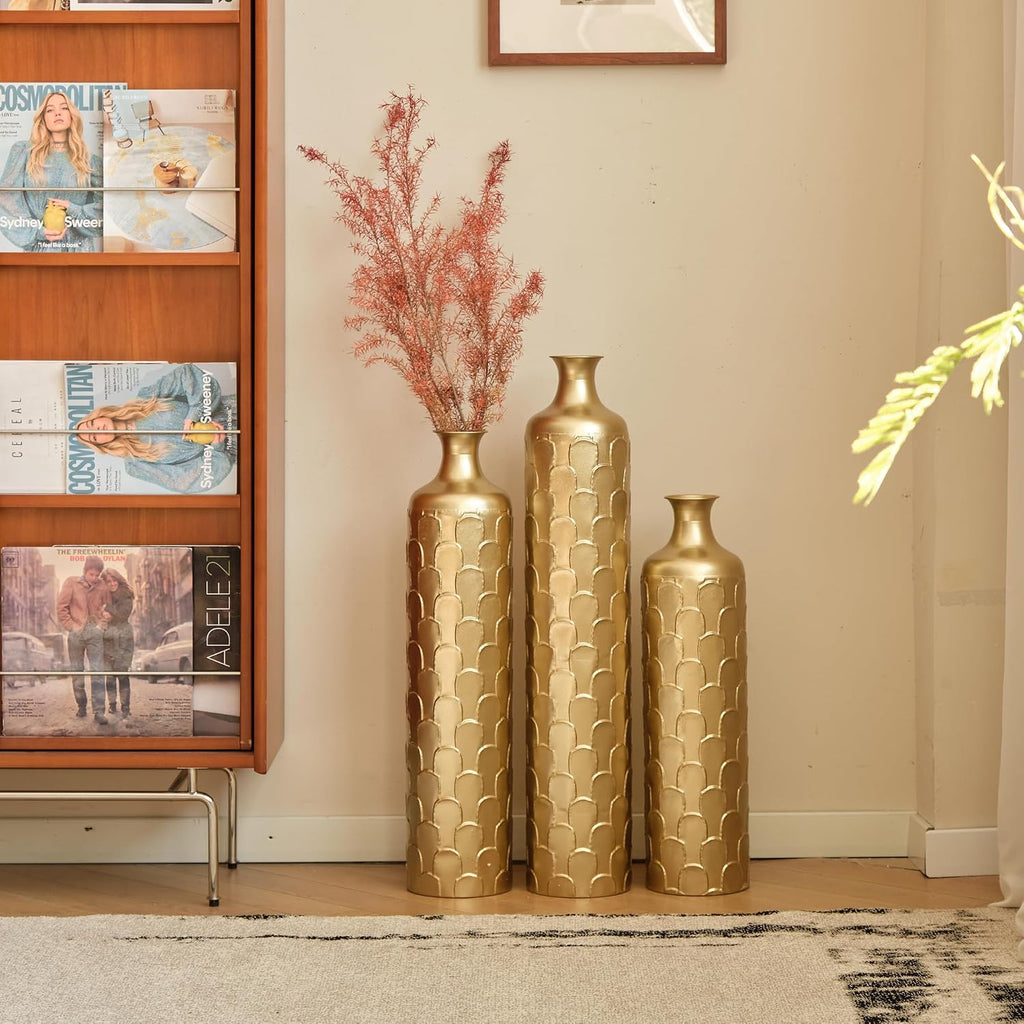 Floor Metal Decorated Vases Set of 3 for Gorgeous Home Decoration Large Glazed Metal Vases (Gold)