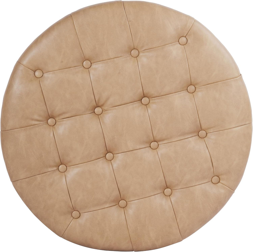 HomePop Home Decor | Button Round Storage Ottoman | Ottoman with Storage for Living Room & Bedroom, Light Camel Faux Leather