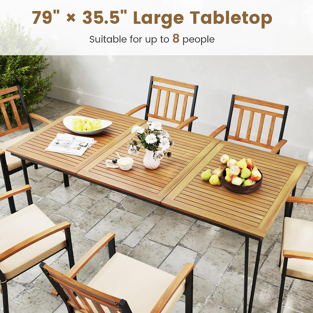 HAPPYGRILL Patio Dining Table for 8, 79' Rectangle Table with Acacia Wood Tabletop & Heavy Duty Metal Frame, Outdoor Dining Table with 2' Umbrella Hole for Backyard, Lawn & Garden