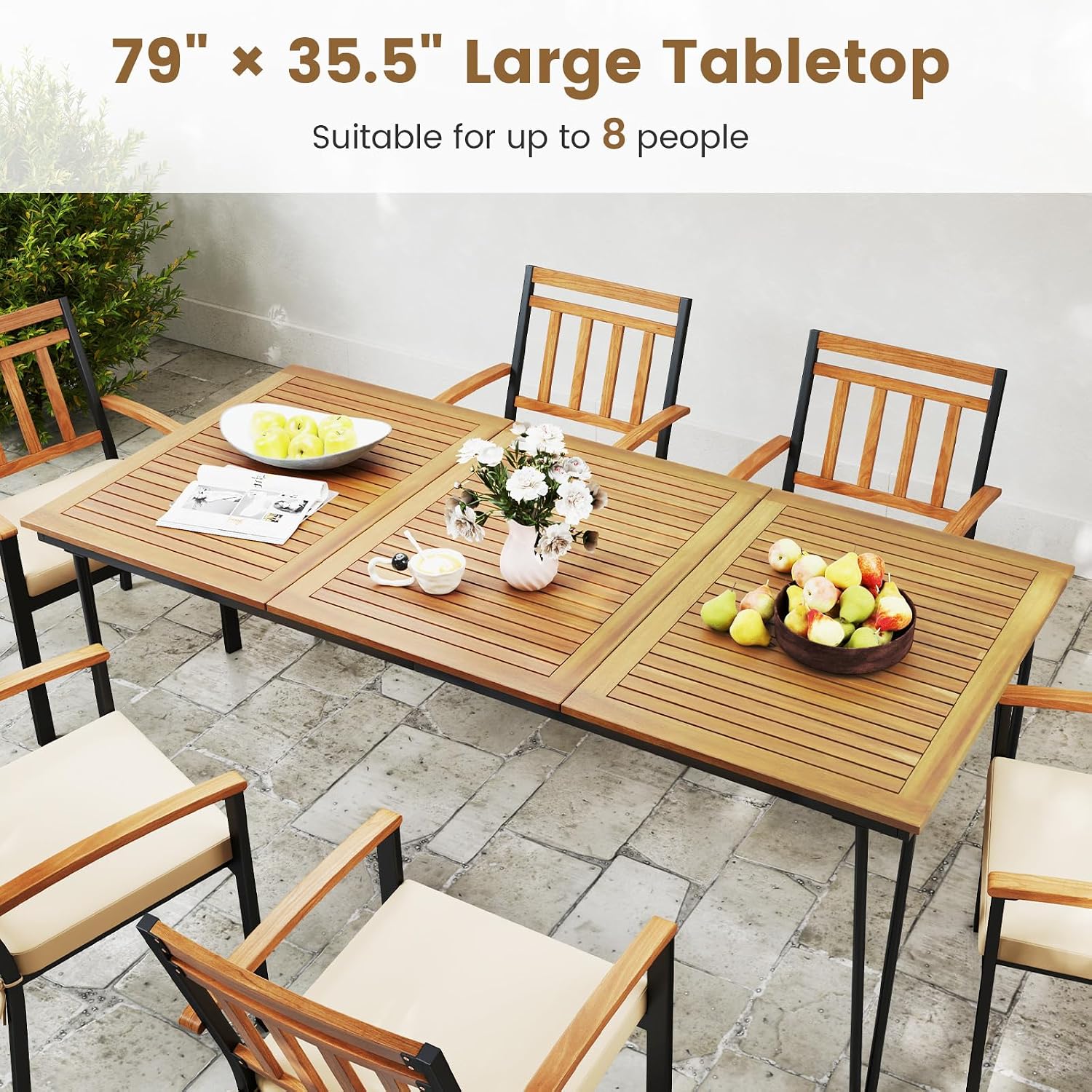 HAPPYGRILL Patio Dining Table for 8, 79' Rectangle Table with Acacia Wood Tabletop & Heavy Duty Metal Frame, Outdoor Dining Table with 2' Umbrella Hole for Backyard, Lawn & Garden