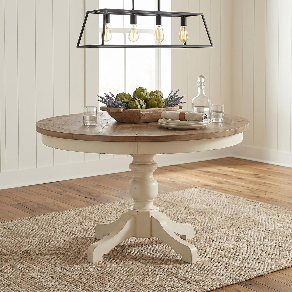 Prato Round Two-Tone Finish Wood Dining Table, Antique White and Distressed Oak
