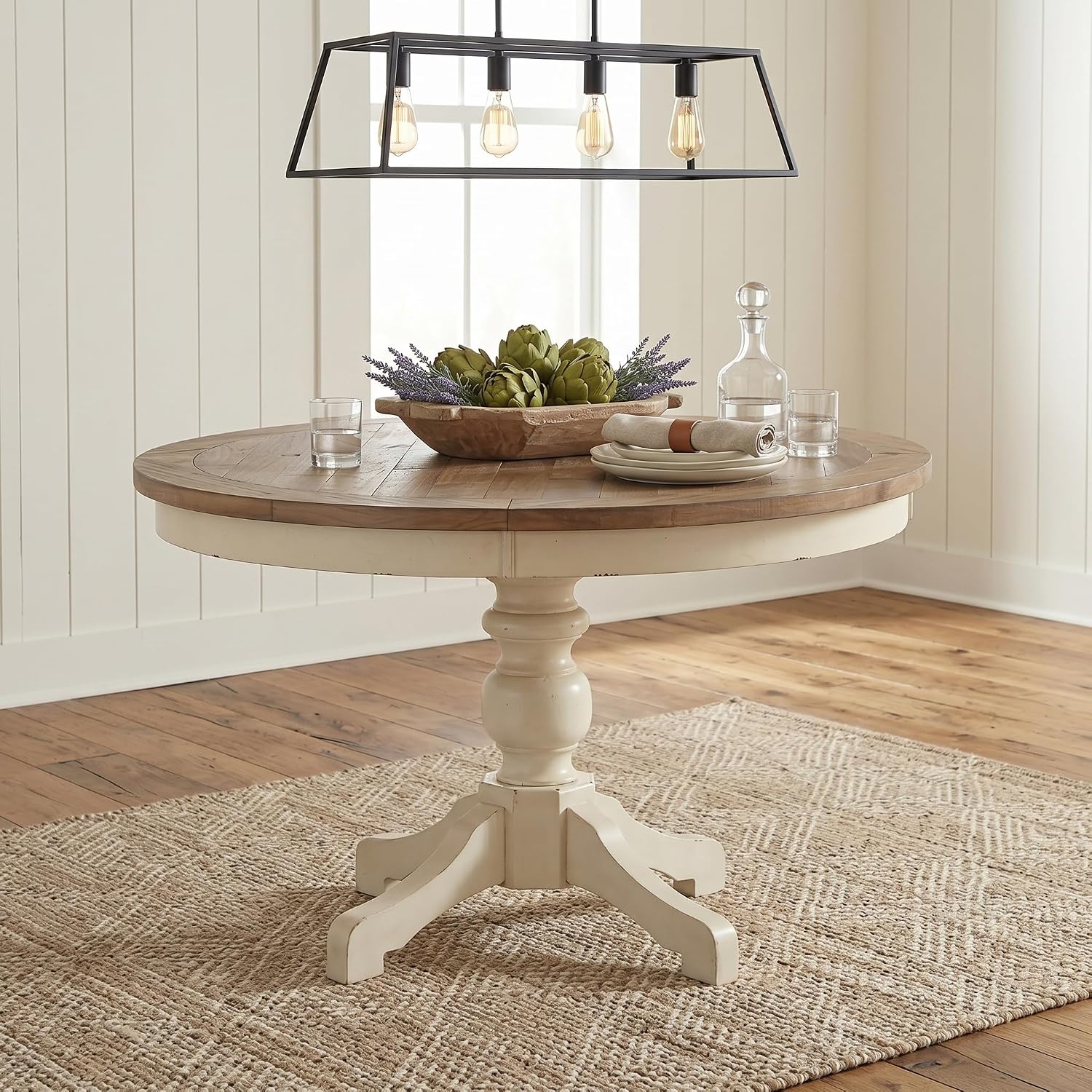Prato Round Two-Tone Finish Wood Dining Table, Antique White and Distressed Oak