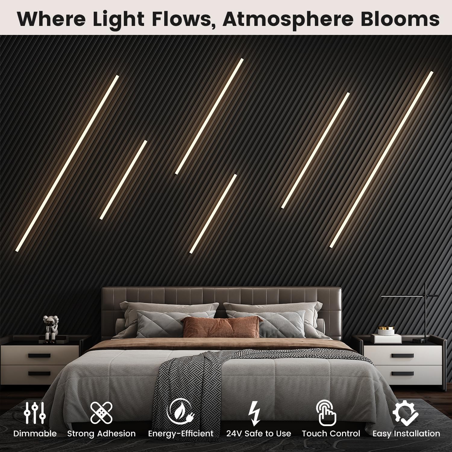 Slat Wall Lights - GloryAir 12Pcs Black Self-Adhesive Wall Panel Light Strips, 3000K Warm White Dimmable Smart Touch Switch for Wood Slat, WPC & Acoustic Panel, Living Room, Bedroom & Stair Decor