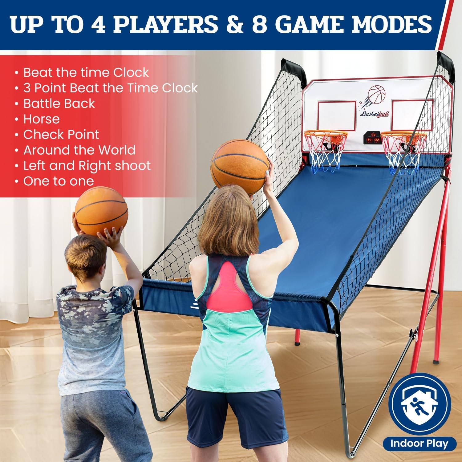 BAGAIL Basketball Arcade Game, Electronic Basketball Shooting Game with 8 Game Modes, Arcade Sounds, Foldable Frame, 4 Balls, Inflation Pump, Ideal Indoor Sport Games for All Players - Dual Shots