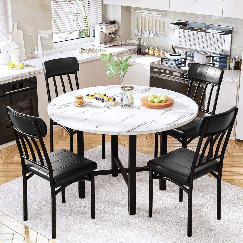 AWQM Round Dining Table Set for 4,Faux Marble Circle Dining Table Set with Chairs,Modern Kitchen Table and Chairs Set for 4,Round Dinner Table & Chair Set for Small Space,White