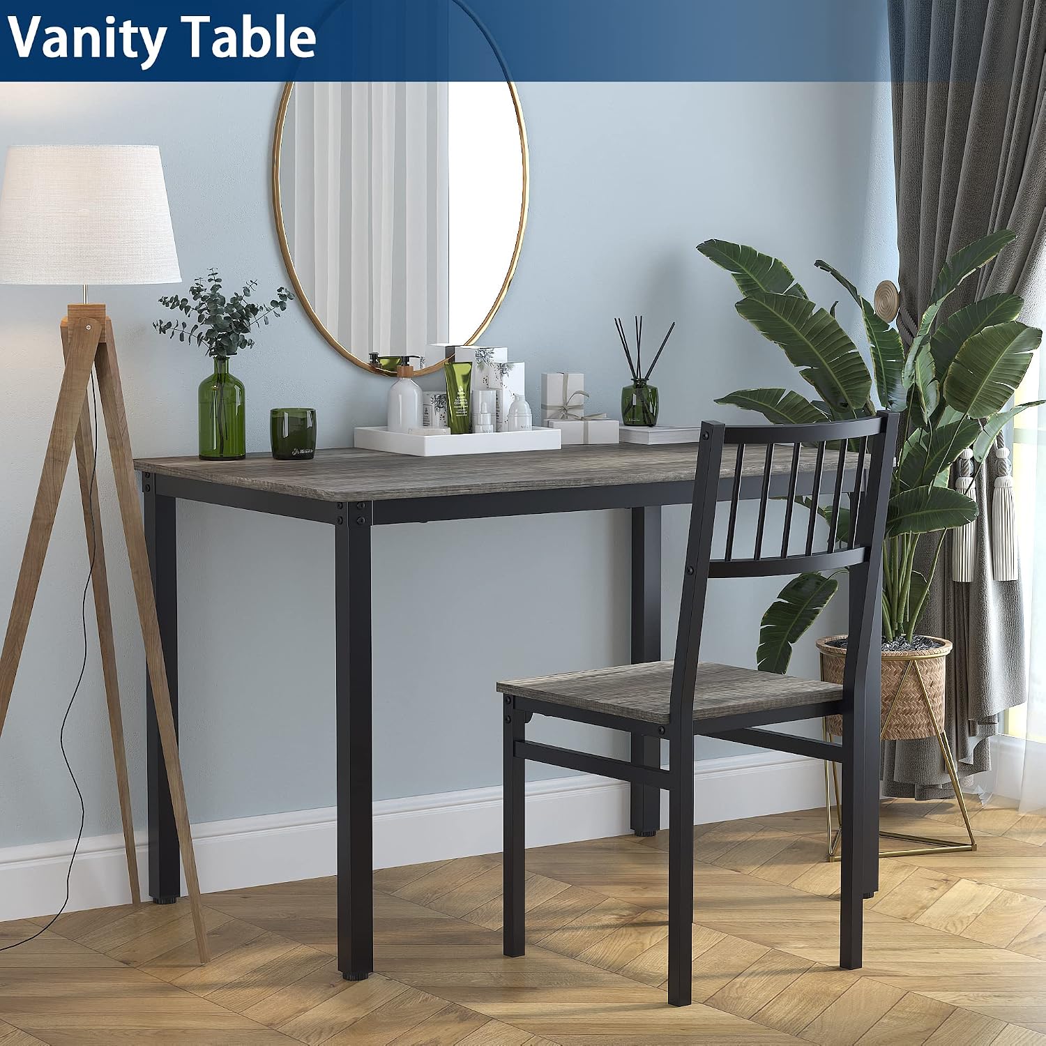 Teraves Dining Table Set for 4/Computer Desk,Kitchen Table with 2 Chairs and a Bench,Table and Chairs Dining Set 4 Piece Set for Dining Room (Black Oak+Black Frame, 110CM)