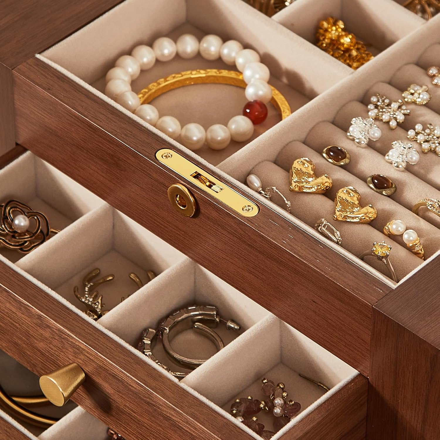 Black Walnut Wooden Jewelry Box, Wood Jewelry Organizer with 2 Side Doors Mirror Lockable Classical Style for Watch Necklace Ring Earring Storage Mothers Day Gifts for Mom-5 Layer