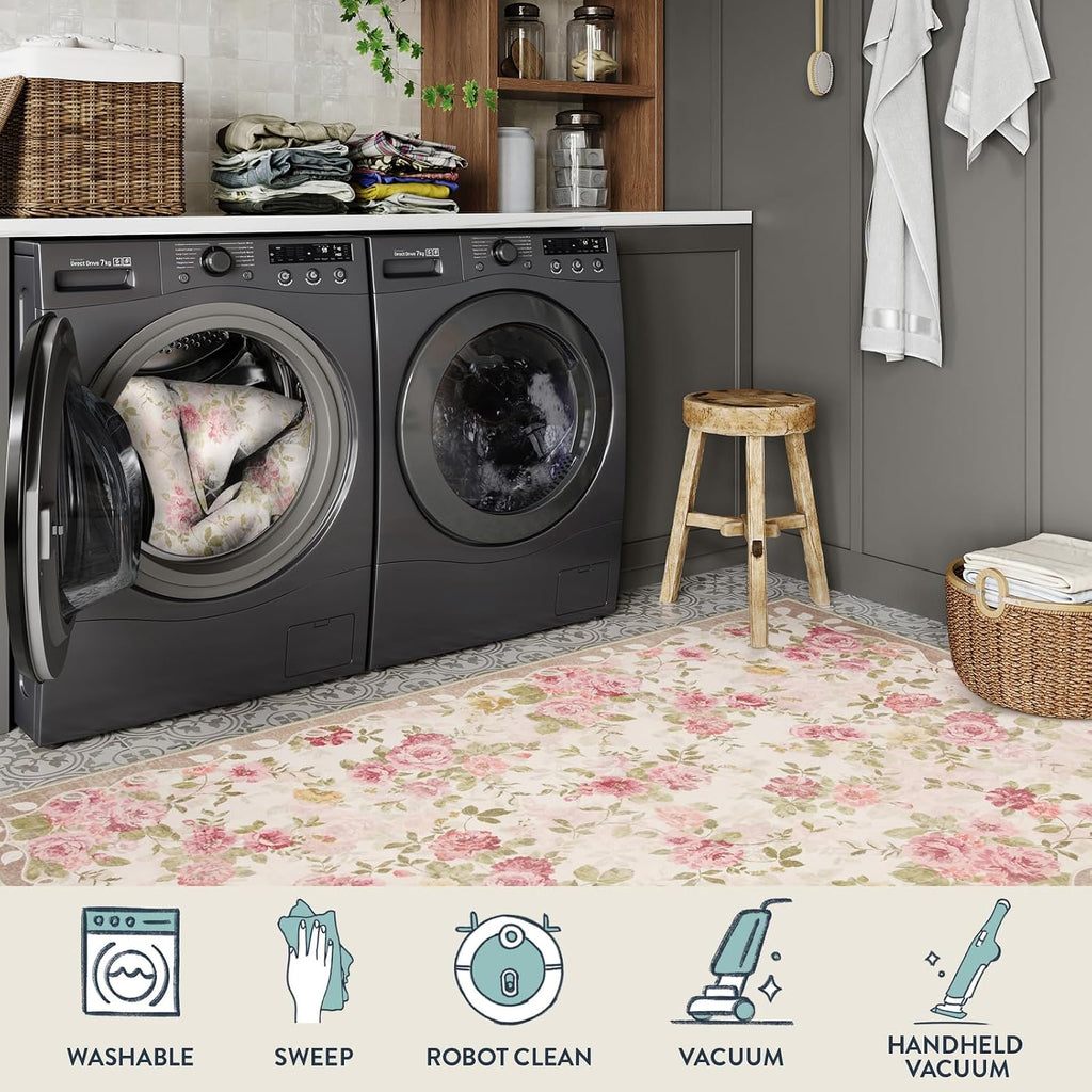 Lahome Floral Washable Rugs 9x12, Large Area Rugs 9x12 Living Room,Soft Non-Slip Thin Vintage Boho Bedroom Carpet for Dining Room Playroom Nursery Farmhouse, Nina Beige/Pink/Multi