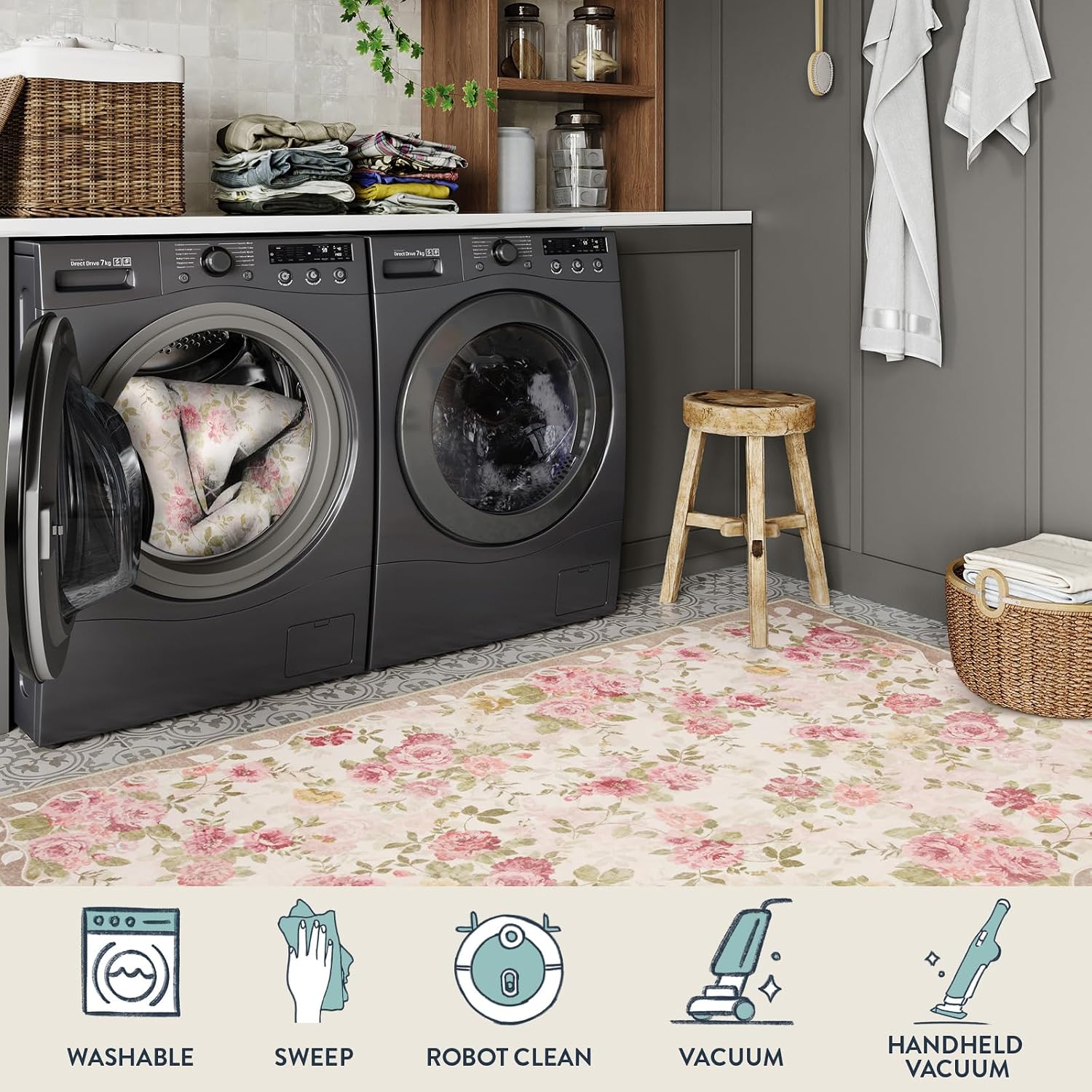 Lahome Floral Washable Rugs 9x12, Large Area Rugs 9x12 Living Room,Soft Non-Slip Thin Vintage Boho Bedroom Carpet for Dining Room Playroom Nursery Farmhouse, Nina Beige/Pink/Multi