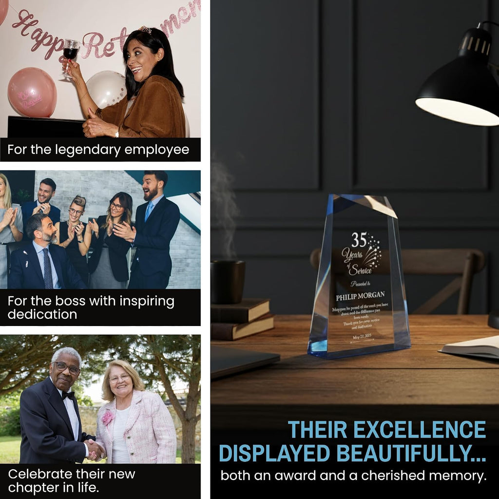Personalized Acrylic Retirement Gifts For Men and Women, Laser Engraved Custom Trophy for Service Recognition, Years Of Service Retirement Trophy Award for Boss, Employee, Teacher (Blue Facet Wedge)
