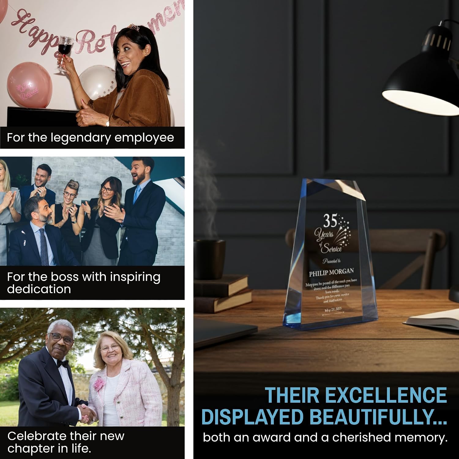 Personalized Acrylic Retirement Gifts For Men and Women, Laser Engraved Custom Trophy for Service Recognition, Years Of Service Retirement Trophy Award for Boss, Employee, Teacher (Blue Facet Wedge)