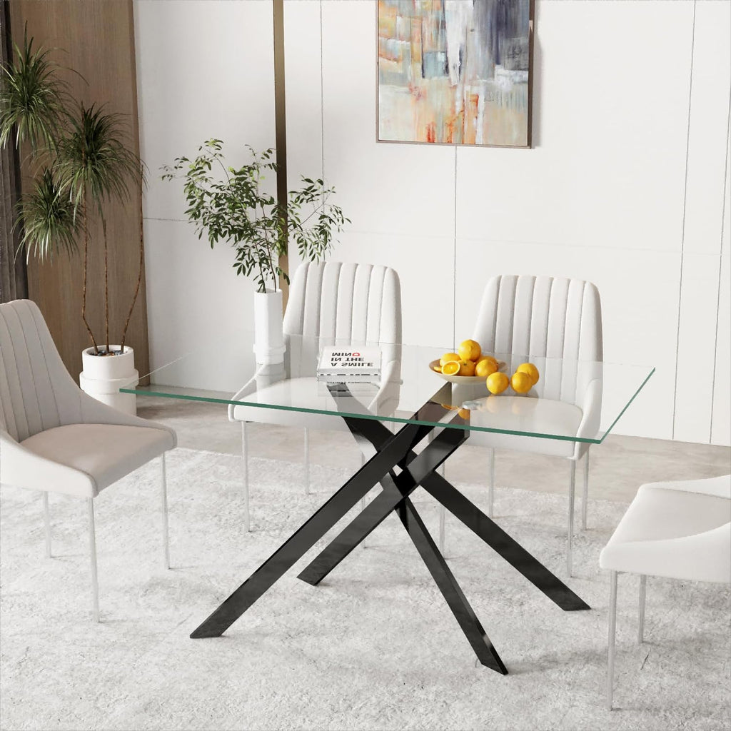51.18' Rectangular Glass Dining Table, Tempered Glass Kitchen Tabe with Metal Legs, Stylish and Sturdy Dinner Table for Home and Outdoor Dining (Black, 51.18'')