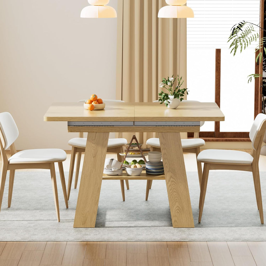Lxsxlome 47.24''-66.92'' Extendable Dining Room Table for 4-6, Rectangle Extendable Kitchen Table with Removable Leaves, Space Saving, Wooden Dining Table with Storage Shelf (Style 2, Wood Color)