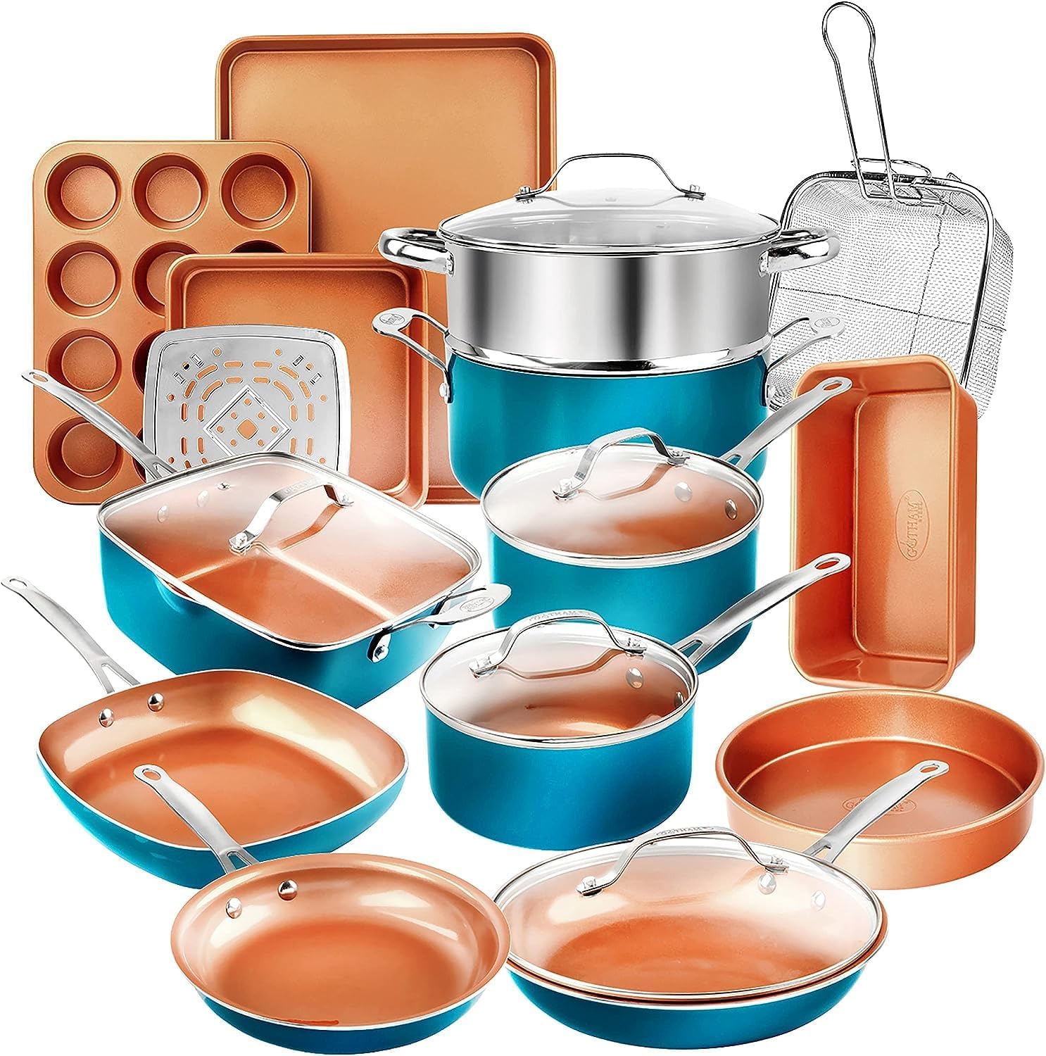 GOTHAM STEEL 20 Piece Copper Pots and Pans Set Nonstick Cookware & Ceramic Bakeware Set, PFOA PFOS Free, Dishwasher/Oven Safe to 500°F, Non Toxic, Metal Utensil Safe – Turquoise