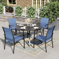 HERA'S HOUSE 5 Pieces Patio Table and Chairs Set, Outdoor Dining Furniture for 4, 42' Black Metal Round Dining Table with Umbrella Hole, 4 x Blue Textilene Chairs for Lawn Garden Backyard Deck