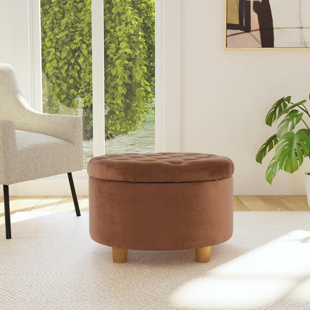 Homepop Home Decor | Button Tufted Velvet Round Storage Ottoman | Ottoman with Storage for Living Room & Bedroom, Spice Orange Velvet