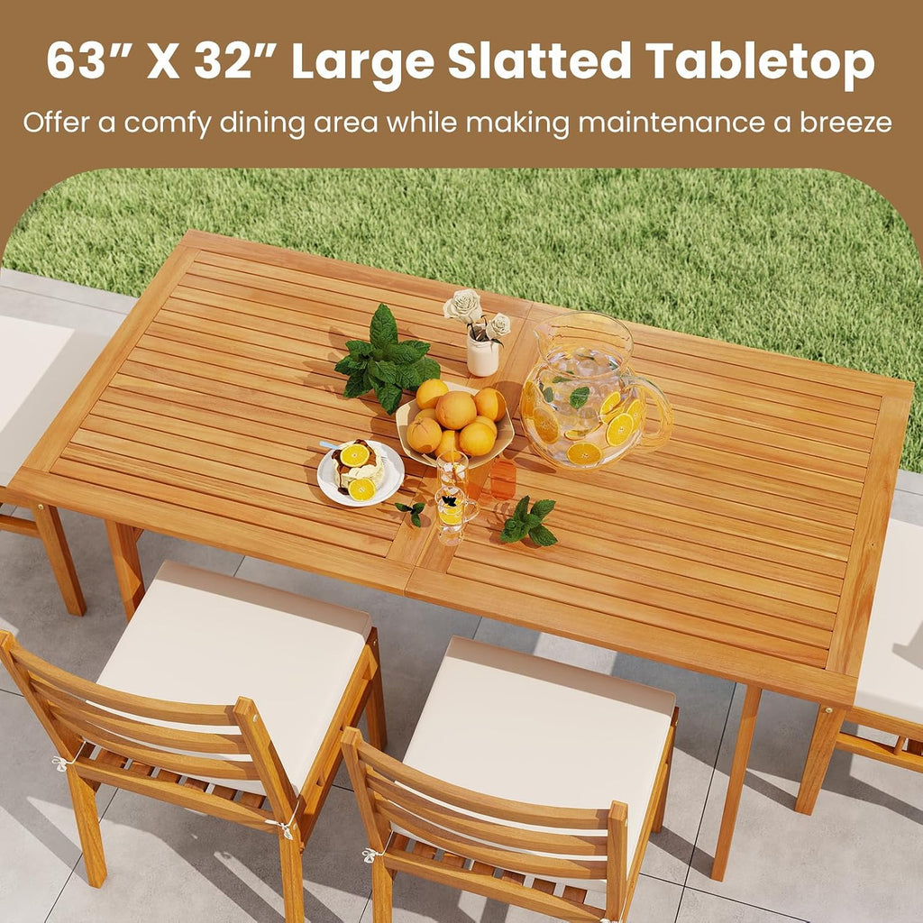 Tangkula 7 Pieces Patio Acacia Wood Dining Set, Outdoor Heavy Duty Rectangular Table with 1.97' Umbrella Hole and 6 Cushioned Chairs, for Deck, Garden and Backyard