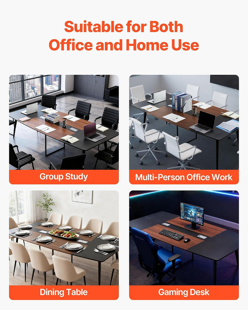 VEVOR Conference Table, 8 ft Boat Shaped Office Meeting Table for 10 Person, Modern Large Boat Meeting Desk with Metal Legs, Ideal for Office, Boardroom, Conference Room, Easy Assembly, Black & Brown