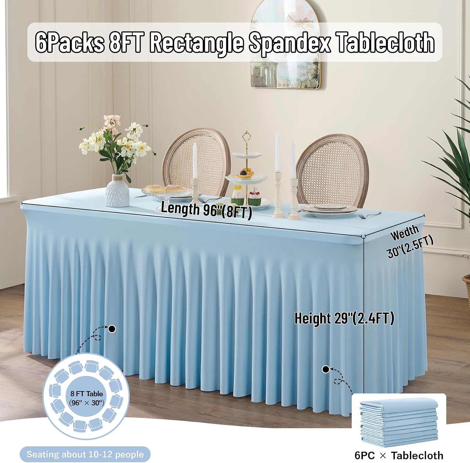 Outpain 6Pack Baby Blue 8FT x 8FT Rectangular Spandex Polyester Blend Tablecloth for Standard Folding Tables - Set of 6