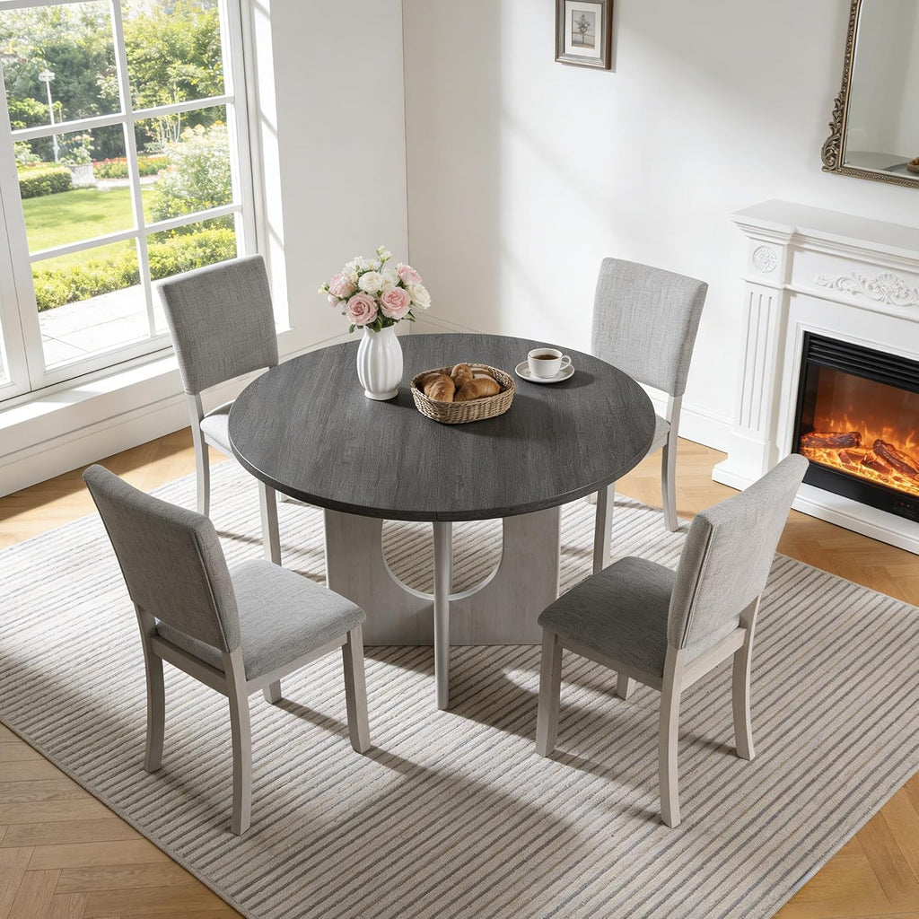 leovanni Round Dining Table Set for 4, Kitchen Table with 4 Upholstered Chairs, 5-Piece Wood Dining Table and Chairs Set for Kitchen, Dining Room, Living Room, Gray
