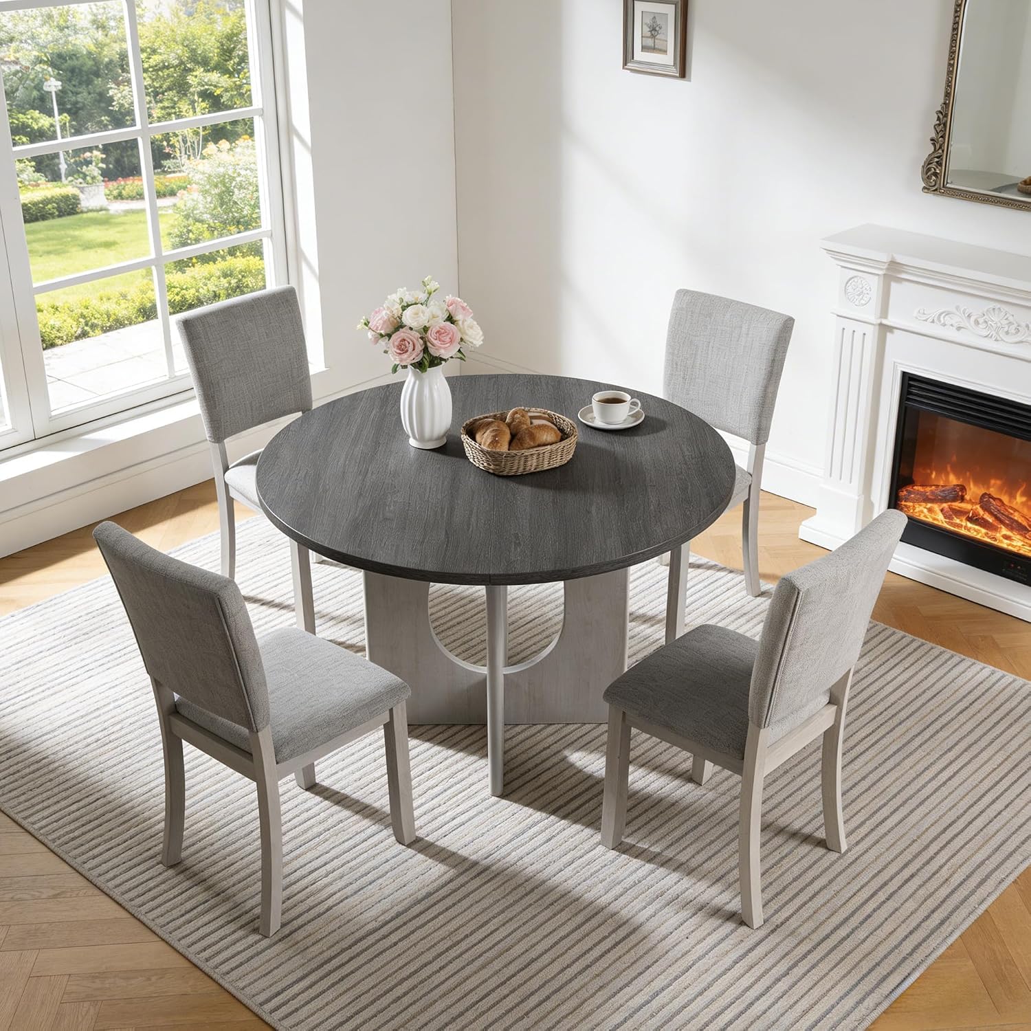 leovanni Round Dining Table Set for 4, Kitchen Table with 4 Upholstered Chairs, 5-Piece Wood Dining Table and Chairs Set for Kitchen, Dining Room, Living Room, Gray