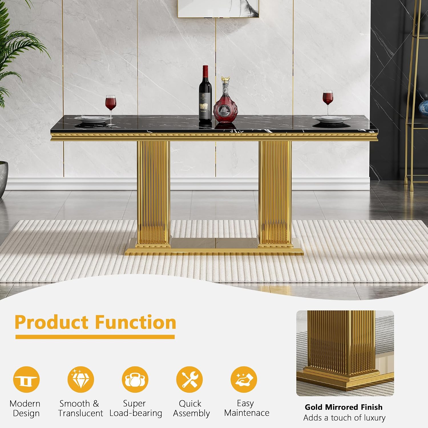 68' Black Marble Dining Table for 6 to 8, Luxury Large Rectangular Faux Marble Tabletop & Gold Double Pedestal Base, Mid Century Modern Kitchen Dining Room Table for Dinner Family Gathering